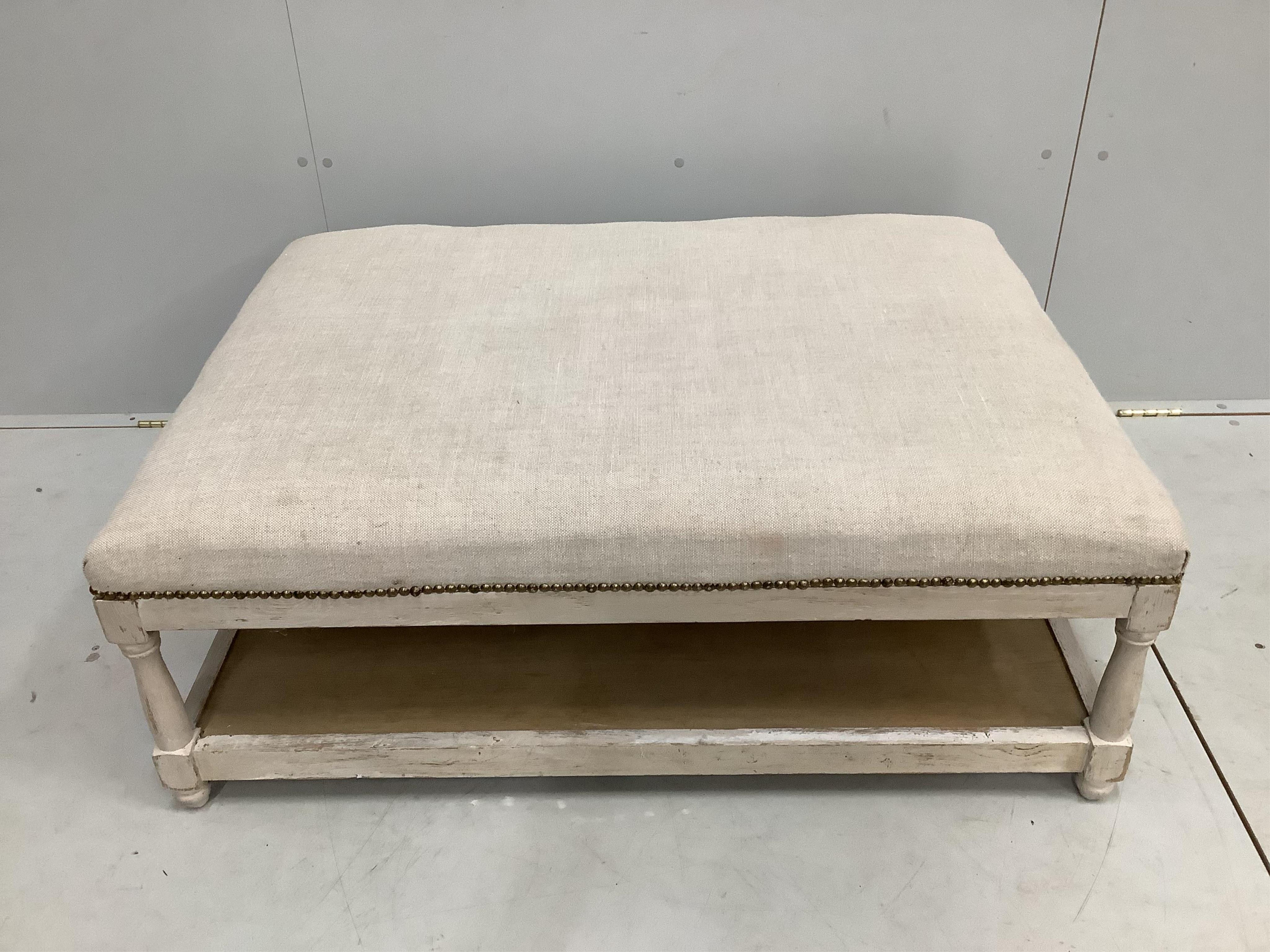 A Contemporary painted oak upholstered rectangular stool, width 110cm, depth 80cm, height 39cm